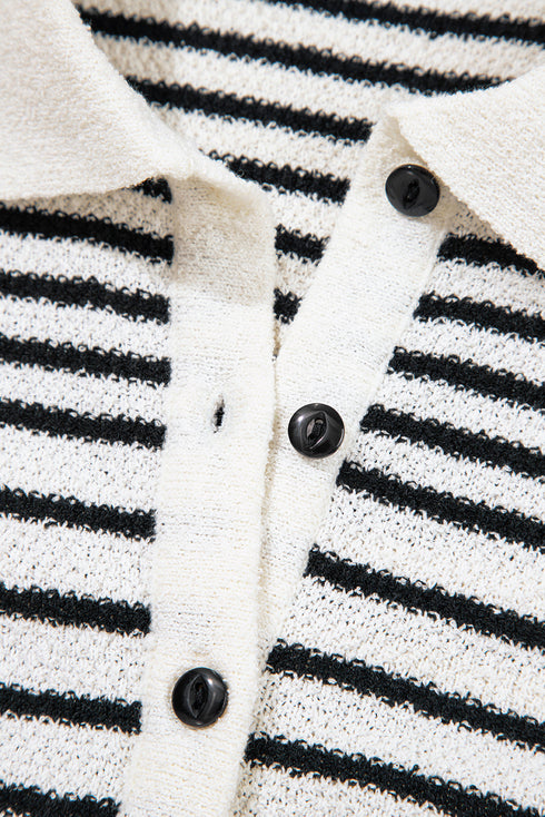 Black Mixed Striped Print Half Placket Collared Cap Sleeve Bodycon Sweater Dress